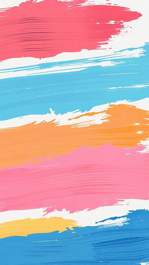 Colorful brush stroke background with pink, blue, and orange strokes.