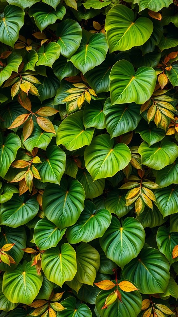 A vibrant display of lush tropical leaves in various shades of green.