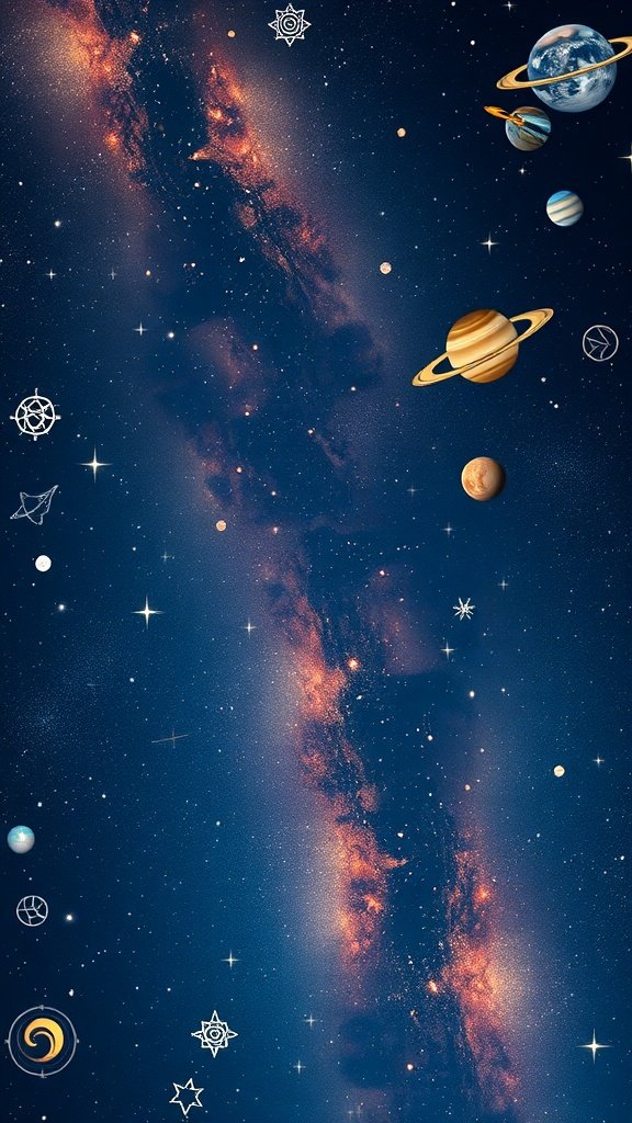 A cosmic scene featuring planets, stars, and astrological symbols against a dark blue background.