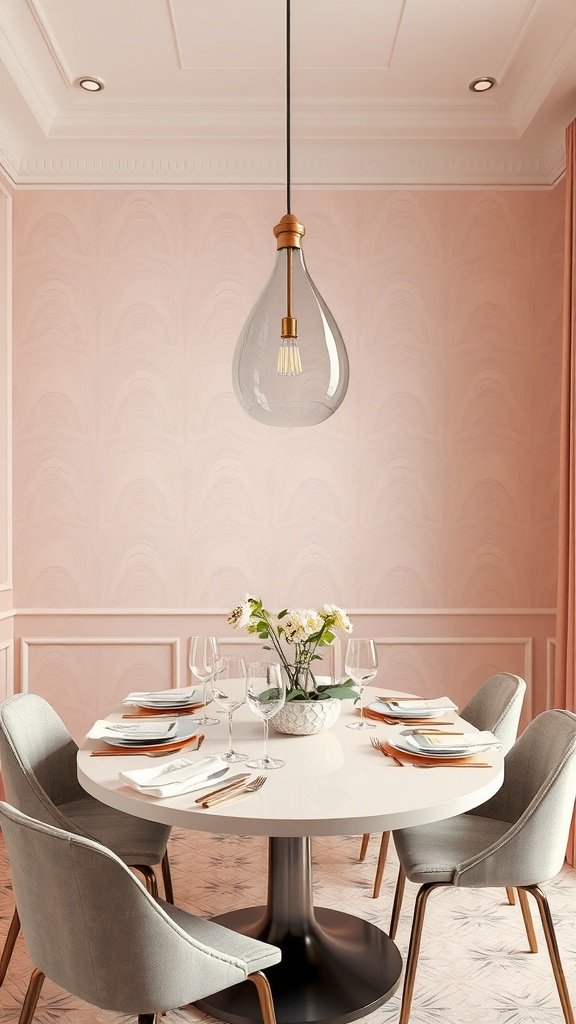 A dining area featuring blush ombre wallpaper, a round table, and elegant decor.