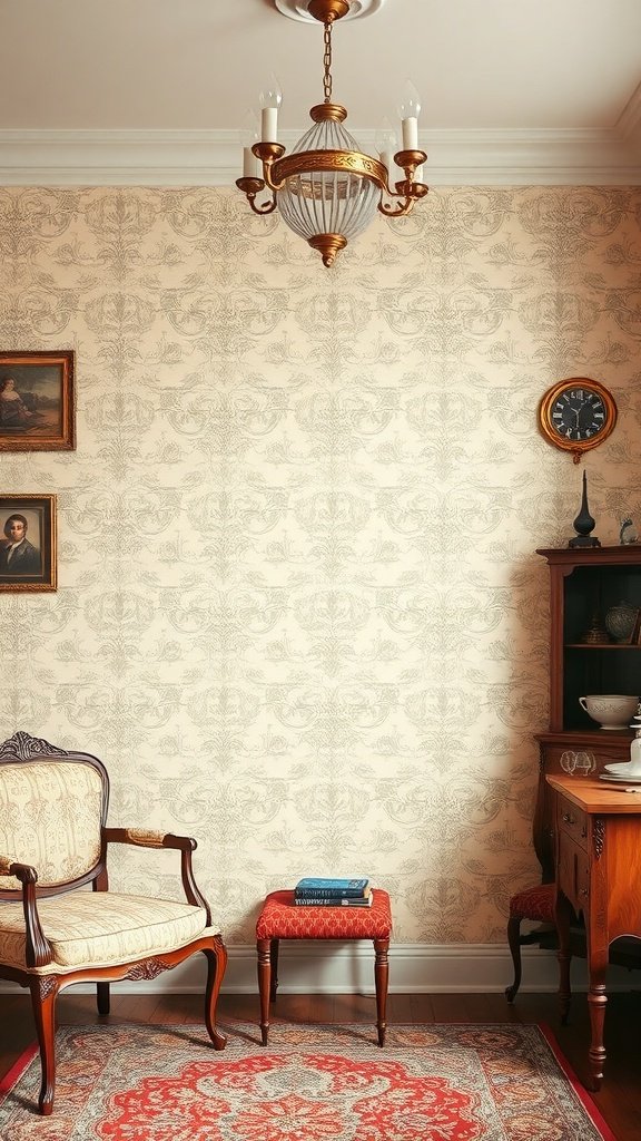 Vintage-inspired beige damask wallpaper in a cozy room with classic furniture.