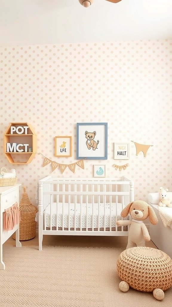 A nursery with soft beige polka dot wallpaper, a crib, and playful decorations.