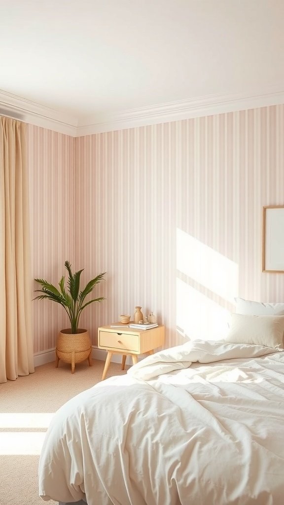 A softly lit bedroom with blush striped wallpaper, a cozy bed, and a potted plant.