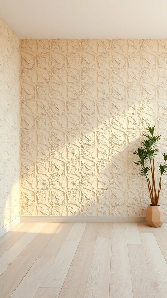 A beige textured wallpaper with a plant in a pot in a bright room.