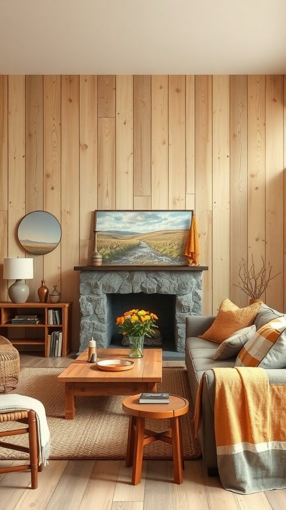 Cozy living room with rustic beige wood paneling and warm decor.