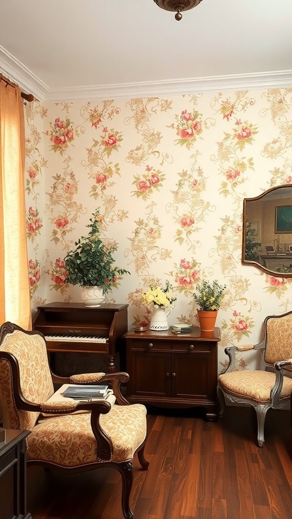 A cozy room featuring vintage beige floral wallpaper, with elegant furniture and plants.