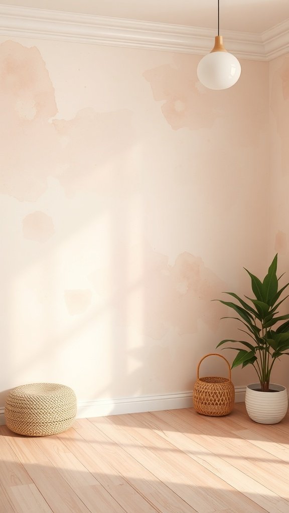 A softly painted blush and beige watercolor wall in a bright room with natural light.