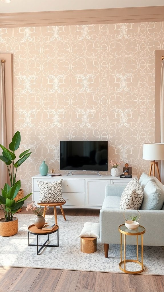 Chic blush trellis wallpaper in a modern living room setting