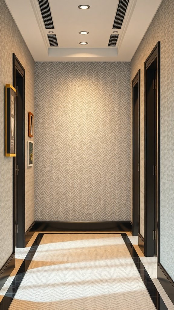 A hallway featuring subtle beige herringbone patterned wallpaper with framed artwork on the walls.