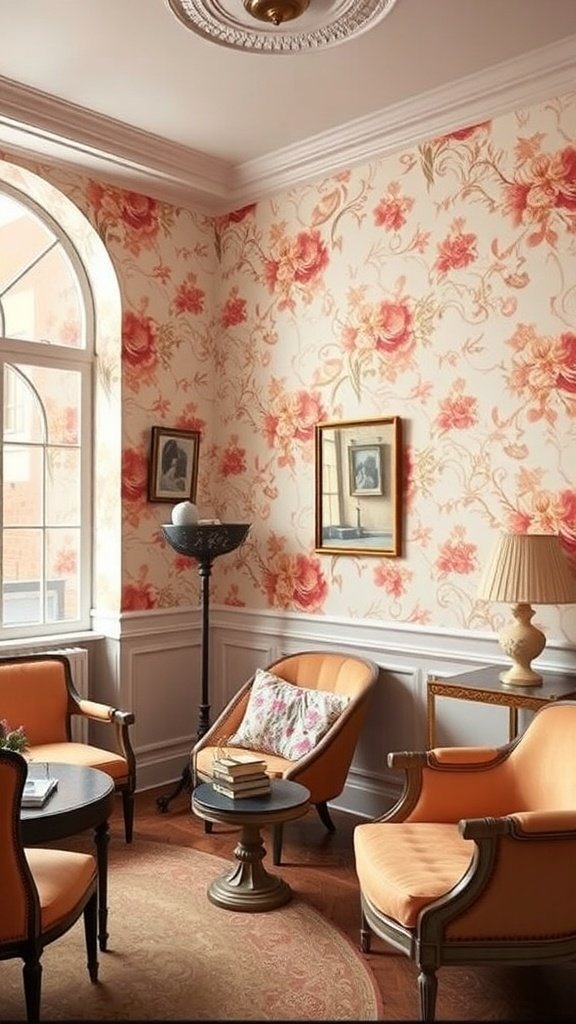 A cozy room featuring blush floral wallpaper with vintage furniture.