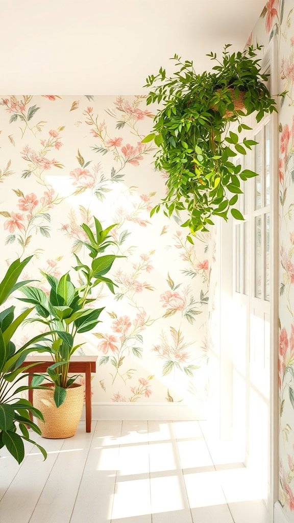 A bright room with blush botanical wallpaper, featuring plants and natural light.