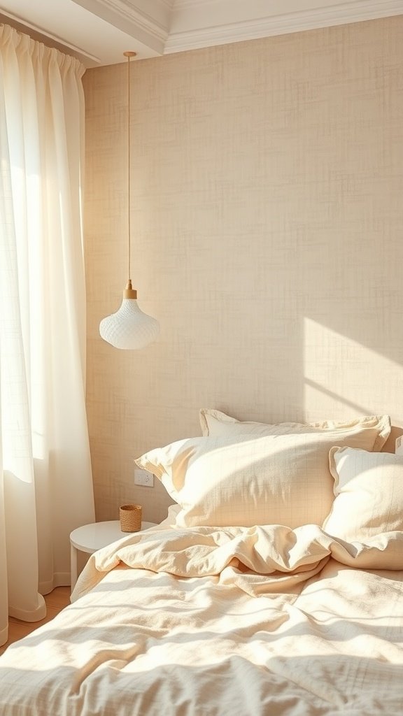 A cozy bedroom with beige linen wallpaper, soft pillows, and natural light.