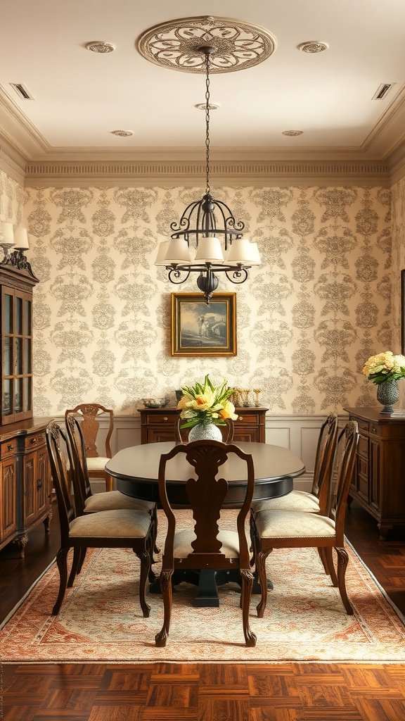 A dining room featuring classic beige toile wallpaper, elegant furniture, and a chandelier.