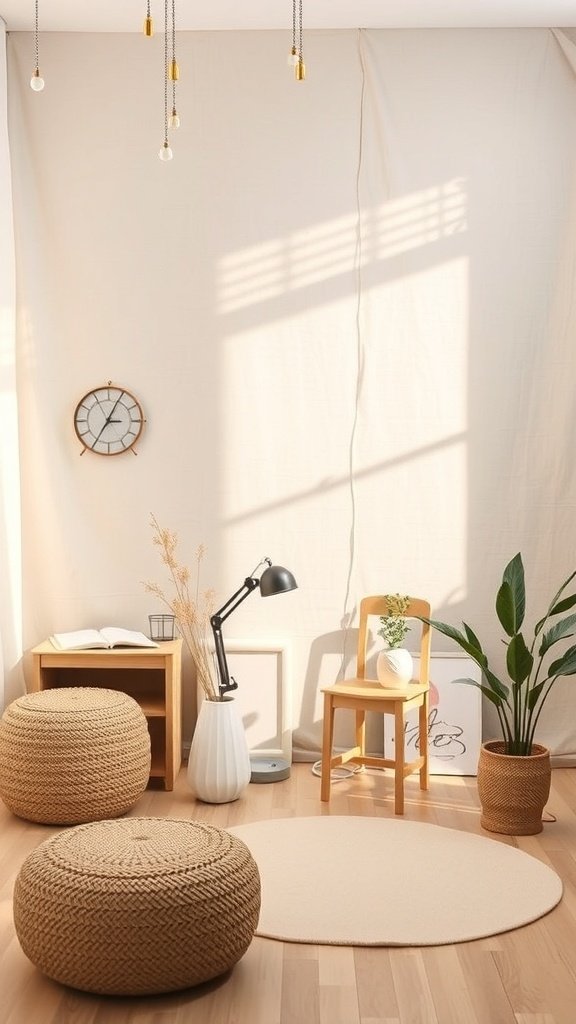 A cozy room with soft beige walls, wooden furniture, and plants.