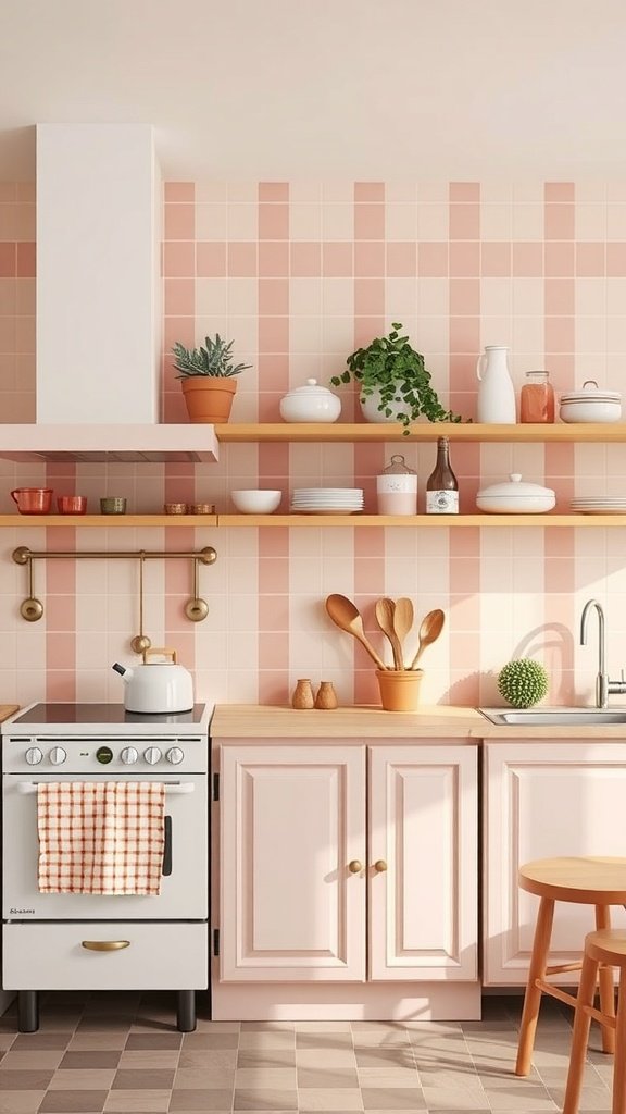 Blush and beige checkerboard wallpaper in a kitchen setting