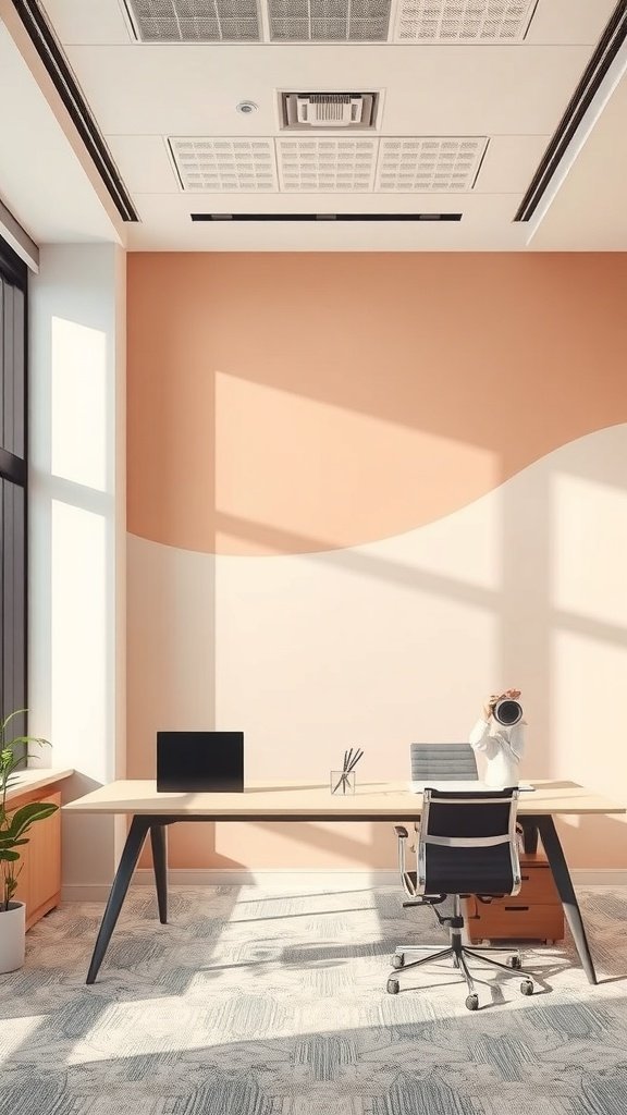 A modern office with a blush and beige gradient wall, featuring a desk and chair.