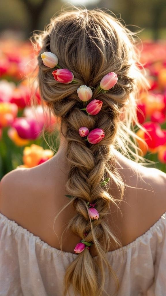 A woman with loose braids adorned with tulip flowers, set against a colorful tulip field.