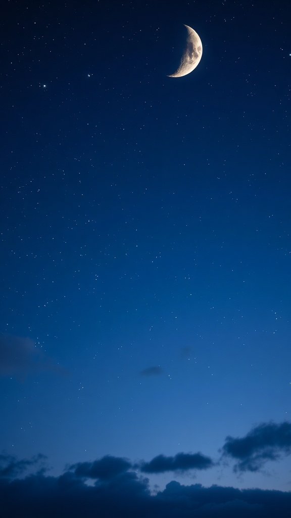 A serene night sky filled with stars and a crescent moon.