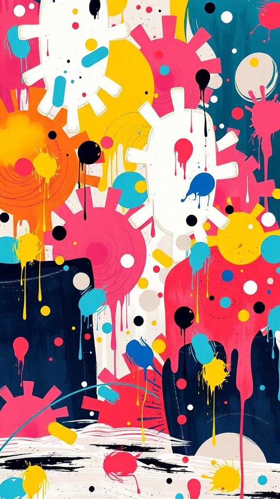 Colorful abstract art with splashes of paint and bold shapes.