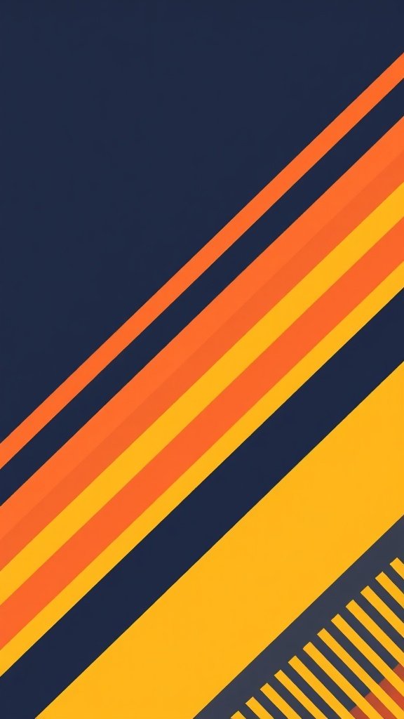 A wallpaper design featuring bold stripes in orange, yellow, and navy blue.
