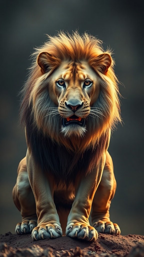 A close-up of a majestic lion with a vibrant mane, exuding strength and confidence.