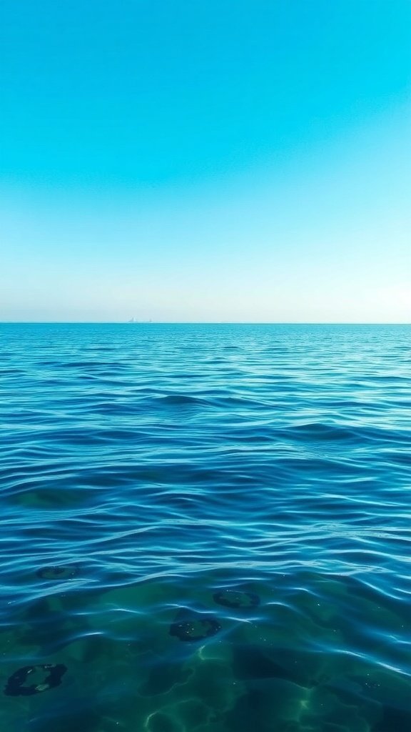 A serene view of calm ocean waves under a clear blue sky.