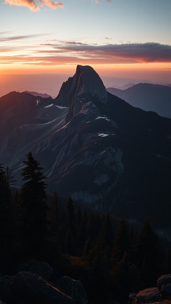 A breathtaking mountainscape with a sunset illuminating the peaks.