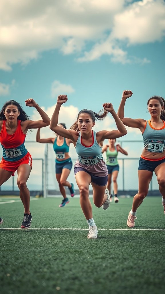 Women running in a sports competition on a field.