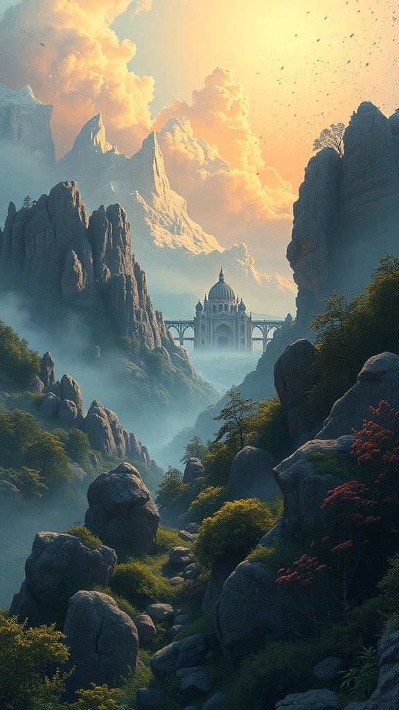 A serene landscape featuring majestic mountains and a beautiful sky.