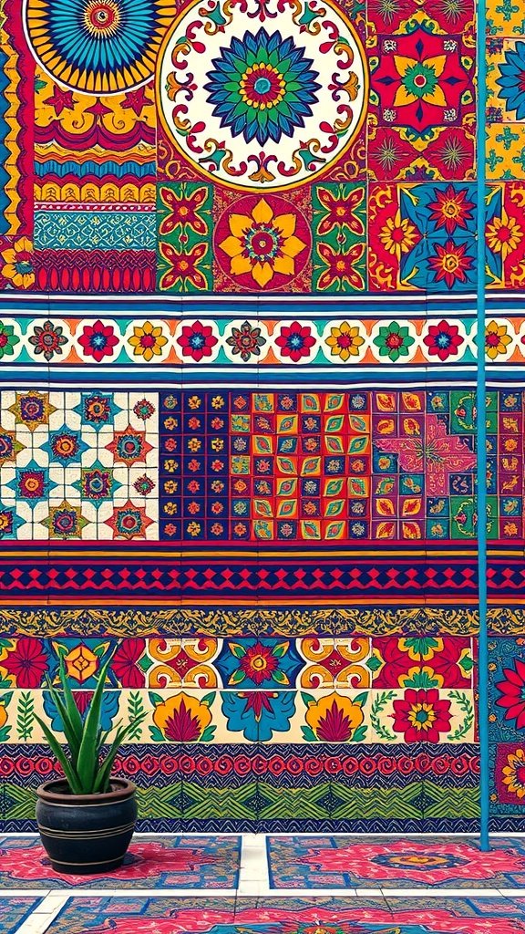 Colorful patterned wallpaper featuring intricate designs and vibrant colors.