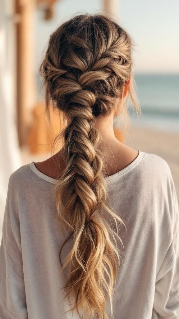 A woman with a braided ponytail, showcasing beautiful waves in her long hair.
