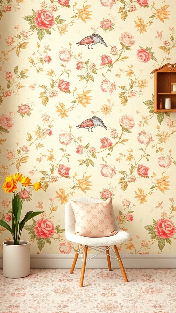 A charming vintage wallpaper featuring floral patterns and a small shelf with decorative items.