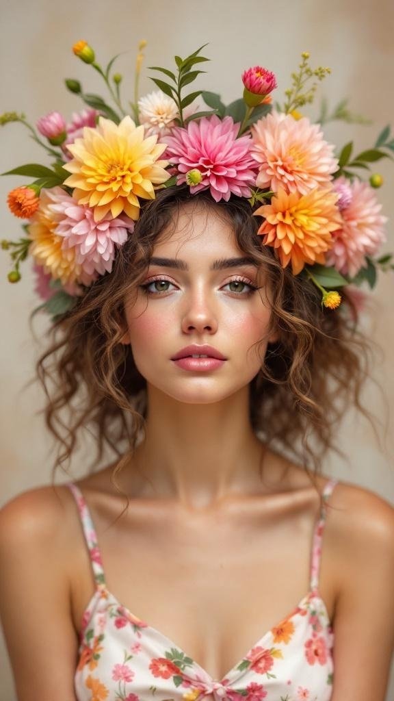 A woman wearing a colorful dahlia flower crown with a floral dress.
