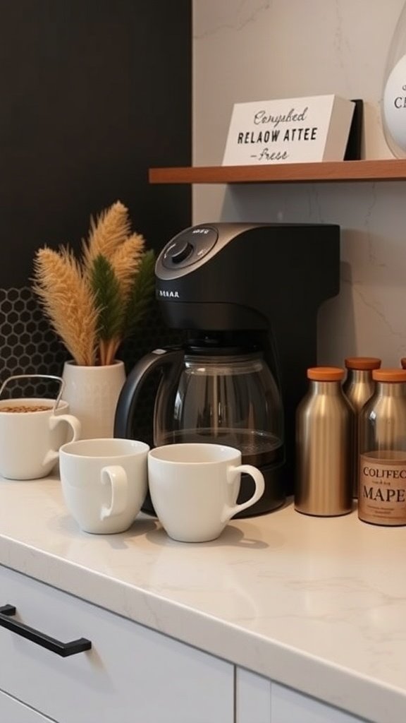 A stylish coffee station with a coffee maker, cups, and decorative elements on a countertop.