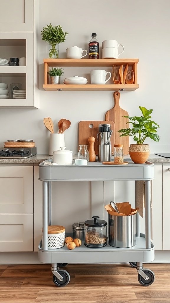 A stylish rolling cart filled with kitchen items, including utensils and jars, placed in a modern kitchen.