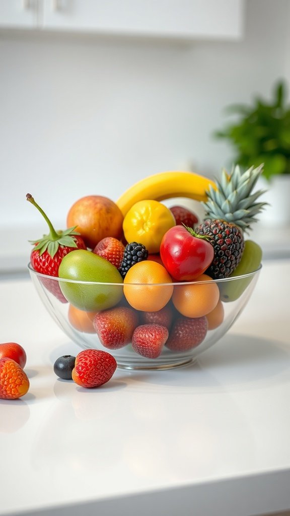 A vibrant fruit bowl filled with assorted fruits on a kitchen countertop.