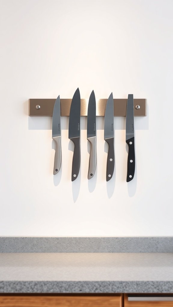 A magnetic knife strip mounted on a wall with several knives displayed.