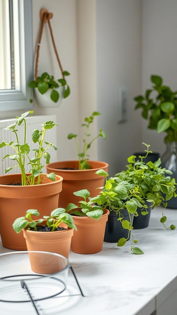 Small herb garden with various plants in terracotta pots on a countertop.