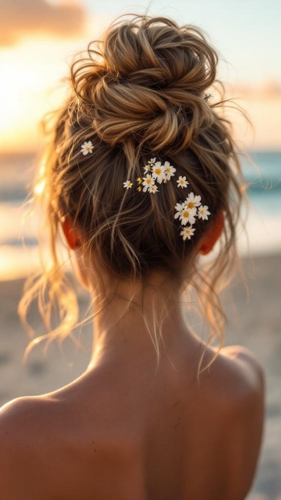 A woman with a messy bun adorned with small white flowers, viewed from the back, against a sunset beach background.
