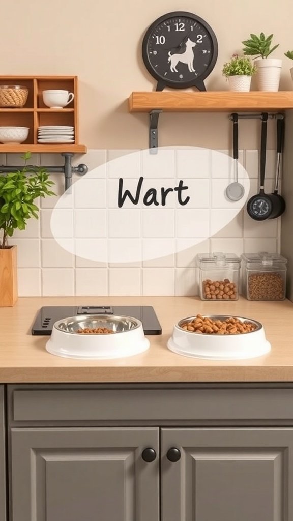 A pet station with food and water bowls on a kitchen countertop.