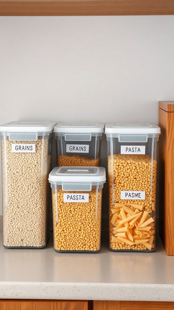 Clear storage containers filled with grains and pasta on a countertop.