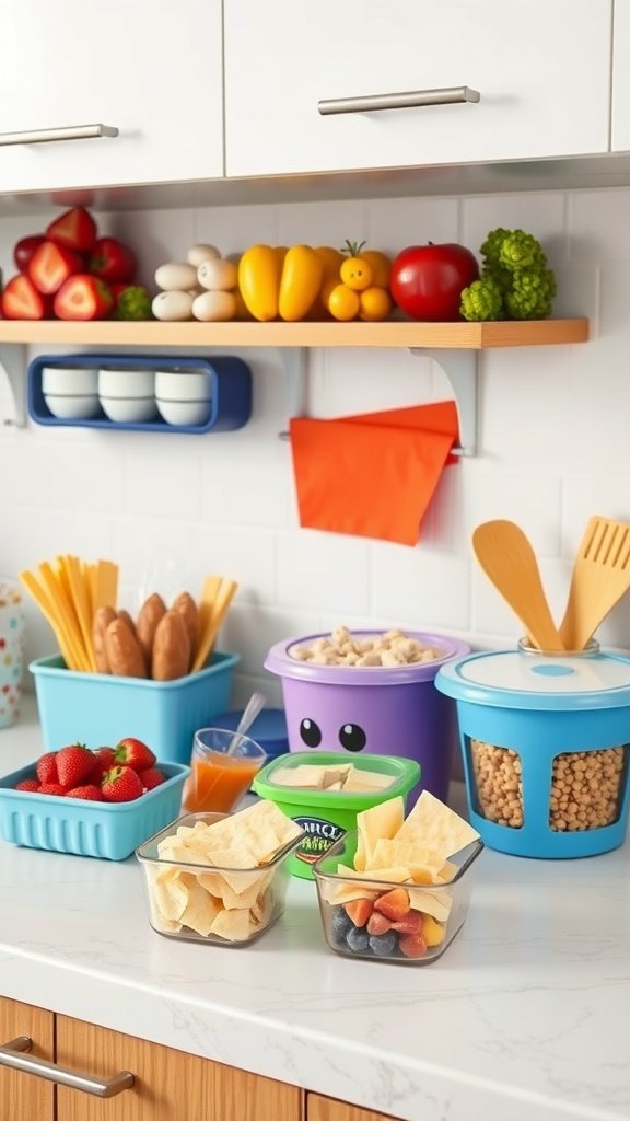 A colorful snack station for kids with fruits, crackers, and snacks organized in containers.