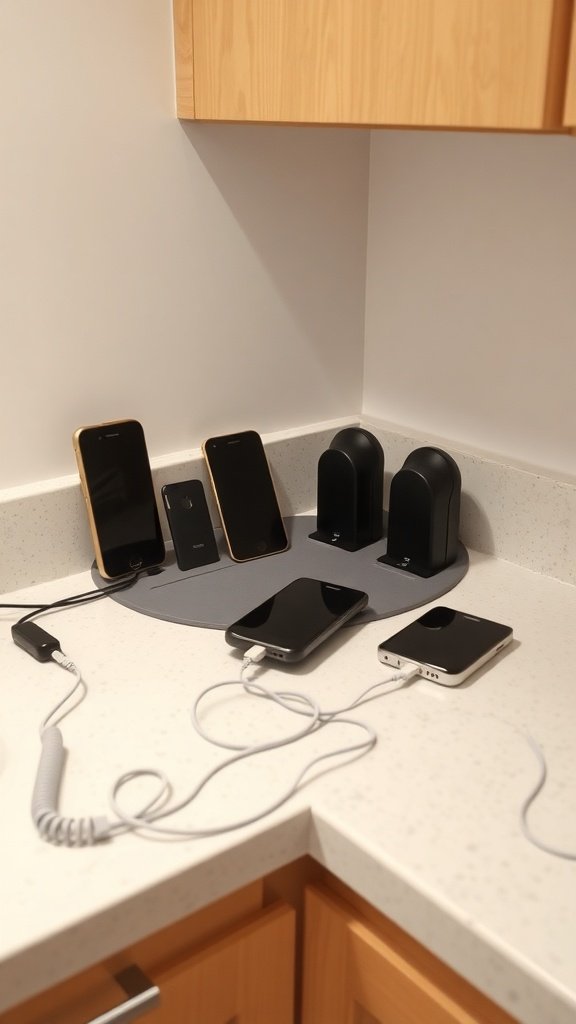 A countertop charging station with multiple smartphones and chargers organized neatly.
