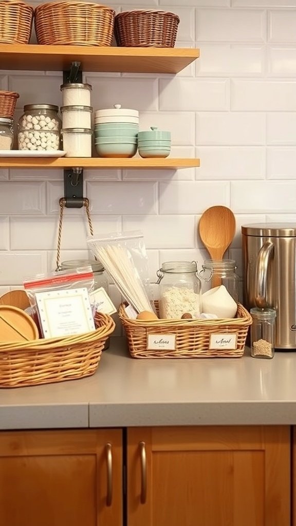 A tidy kitchen countertop with baskets organizing baking supplies.