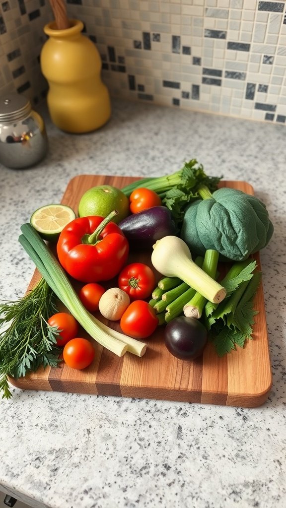 A stylish wooden cutting board with fresh vegetables on it, set on a kitchen countertop.