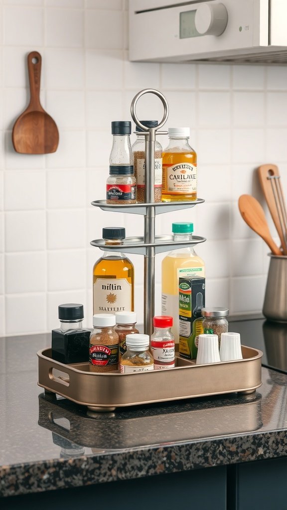 A tiered tray with various spices and oils organized on a kitchen countertop.