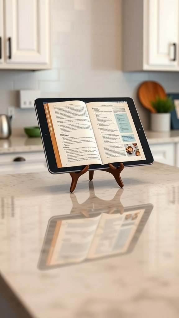 A tablet displaying a recipe on a stand in a kitchen.