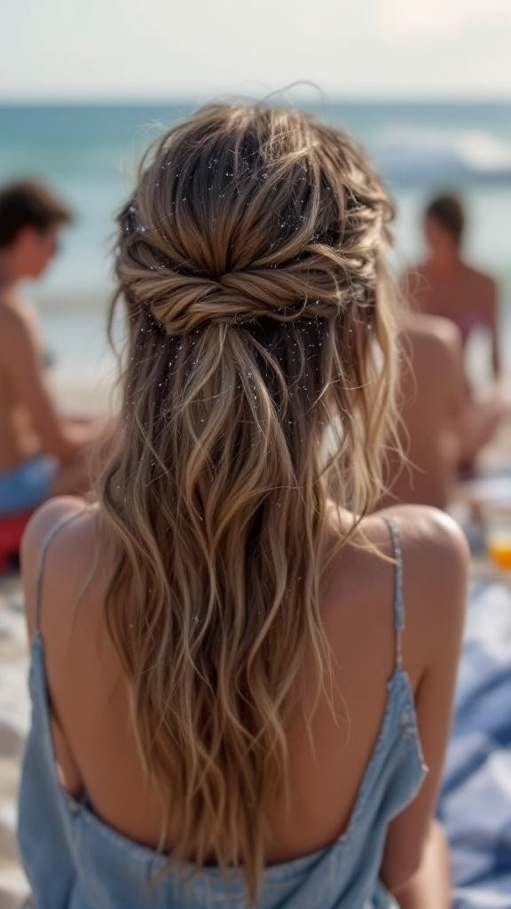 A woman with half-up half-down beachy hairstyle, featuring sea salt texture, sitting on the beach.