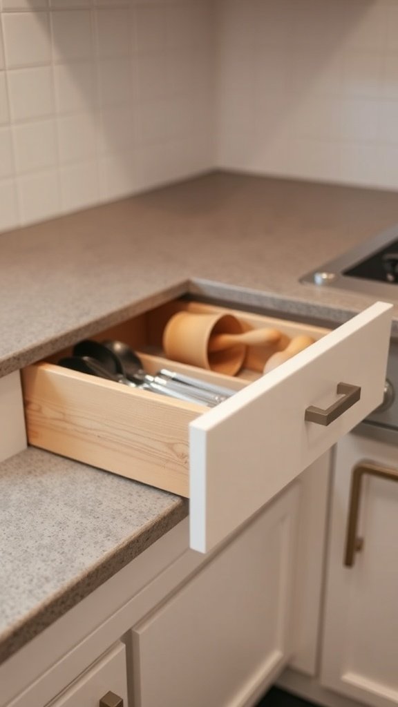A neatly organized kitchen drawer with utensils and wooden tools.