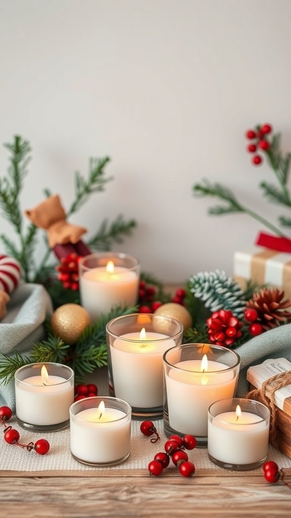 A collection of scented candle votives surrounded by holiday decorations.
